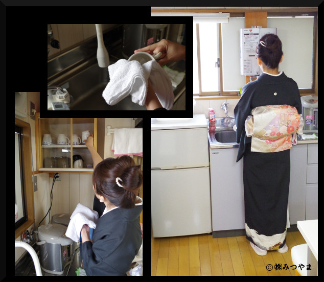 台所で洗い物仕事をする着物女子